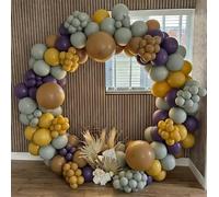 Brown, Deep Wisteria, Pale Sage Green & Mustard Yellow Balloon Garland Kit, 145PCS Balloons for Birthday, Anniversary, Celebration & Backdrop Decoration