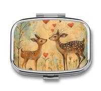 Brown Deer Heart Pill Case Box with 2 Compartment Medicine Vitamin Organizer for Purse Pocket 5.5x4cm