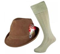 Brown Deluxe Oktoberfest Hat + Wool Blend Socks : Adult Mens Bavarian German Beer Festival Fancy Dress Accessory Set