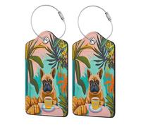 Brown Dogsipping Coffee Tropical Plants Luggage Tag for Suitcase 2 Pack Leather Luggage Tag with Privacy Flap Name Id Label and Metal Loop for Women Men Travel