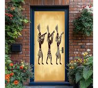 Brown Door Stickers Mural, Self-Adhesive Vinyl Door Wrap Tribal Figures Flute Art Deer Design, Waterproof Removable Wall Sticker for Bedroom Living Room or Bathroom Home Decor, 80 x 210 cm