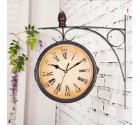 (Brown, Double Sided Clock/Outdoor) Large Wall Clock Double Sided Paddington Station Retro Hanging Bracket Outdoor Garden Roman Wall Clock, Brown Metal Case Garden Clocks