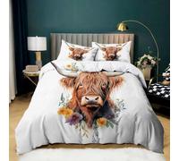 Brown Duvet Cover Double Animal Highland Cow Daisy Bedding Sets Printed Soft Microfiber Quilt Cover 200x200 cm and 2 Pillowcases 50x75 cm with Zipper Closure for Teens and Adults