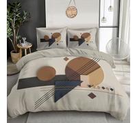Brown Duvet Cover Set Double 3 Pcs, 100% Microfibre Quilt Covers Abstraction Geometry Bedding Set with 2 Pillowcases, Easy Care Reversible Circles Triangles Lines Printed Duvet Cover 200x200 cm