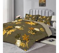 Brown Duvet King Size, Coverless Duvet 7.5 Tog with Orange Flowers Pattern, Soft Lightweight Comforter Set for Autumn Summer, 1 Quilt King Size 230x220cm with 2 Pillowcases, Machine Washable, A954