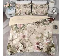 Brown Duvet Super King Size, Coverless Duvet 7.5 Tog with Floral Plants Pattern, Soft Lightweight Comforter Set for Autumn Summer, 1 Superking Quilt 260x220cm with 2 Pillowcases, Machine Washable