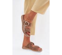Brown Eco Leather Sandals With Velcro Buckle Comfort Insole