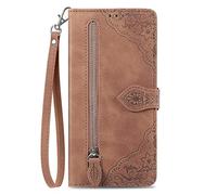Brown Embossed PU Zipper Case Compatible with OPPO REALME 14T Phone Wallet Flip Zipper Case Cellphone Shell Large Capacity Handbag Purse Zipper Pocket Magnetic Clutch with Wrist Strap