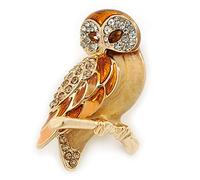 Brown Enamel Austrian Crystal Owl Brooch In Gold Plating - 40mm L
