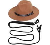 Brown Explorer Hat Bull Whip - One Size Felt Fedora Hat Whip Adventurer Trilby Costume Hat Dinosaur Hunter Archeologist Cosplay Fancy Dress Accessories Cosplay, Indiana Jones Style & Themed Parties