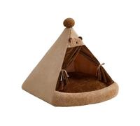 Brown Fabric Pet Teepee Bed with Open Front and Pom Pom Top | A triangular fabric pet hideaway with an open entrance, brown interior and a decorative pom pom at the pointed top