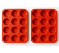 BROWN FEATHER Silicone Muffin Trays - Set of 2 Pudding Tray for Baking, Yorkshire Silicon Cupcake Pan Tin for Bun Mince Pie, Non Stick Heat Resistant & Reusable Cups Cake Mould Ovens Bakeware (RED)