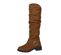 Brown Females Trendy Leisure Round Toe Belt Buckle Insulated Western Denim Stacking Ankle Boots Ideal for Daily Outdoor Indoor Activities