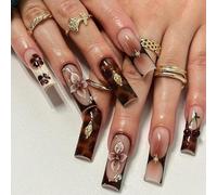 Brown Floral Long Press On Nails Coffin Shape - 3D Flower and Gold Pearl Texture & ABS Material with Jelly Adhesive Tabs, Nude Gradient French Manicure Tips for Women Elegant Nail Art