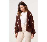 Brown Flower Embroidery Detailed Cardigan Blue Vanilla Brown M/L