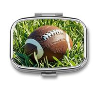 Brown Football Green of Grass Pill Box 2 Compartment Square Pill Box for Pocket Purse Portable Travel Medicine Tablet Vitamin Holder Organizer Mini Decorative Pill Case