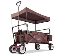 FUXTEC Folding Wagon - Stroller, Hand Cart, Garden Trolley, Festival Wagon, Outdoor, Beach & Loose Ground, Removable Canopy, Pull Handle, 4 Wheels, Rear Bag - CT350 Brown