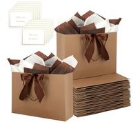 Brown Gift Bags with Handles and Ribbons - 10Pcs Gift Bags with 10 Tissue Paper 10 Greeting Cards, Present Bag for Birthday, Wedding, Mothers Day, Baby Shower, Bridal Shower, Party (12.6''x9.8''x4'')