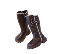 Brown Girls Mid-Calf Boots - Faux Leather School Combat Boots with Dainty Pearl Trim Sweet Walking Shoes Bow Decor & Back Zipper Chunky Soles Soft Children's Footwear UK Size 1.5