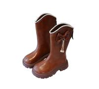 Brown Girls Mid-Calf Boots - Faux Leather School Combat Boots with Dainty Pearl Trim Sweet Walking Shoes Bow Decor & Back Zipper Chunky Soles Soft Children's Footwear UK Size 1.5