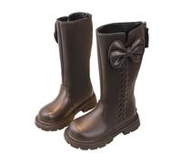 Brown Girls Mid-Calf Boots - Faux Leather School Combat Boots with Dainty Pearl Trim Sweet Walking Shoes Bow Decor & Back Zipper Chunky Soles Soft Children's Footwear UK Size 13.5