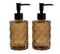 Brown Glass Soap Dispenser with Black Plastic Pump, 12oz Refillable Liquid Hand Soap Dispenser, 2 Pack Crystal Lotion Bottle for Modern Home Decor, Bathroom, Kitchen Countertop, Hotel