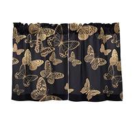 Brown Golden Flying Butterflies Luxury Gold Foil Butterfly 2 Panels Kitchen Small Window Curtains, Tier Curtains Rod Pocket Half Short Curtains Blackout Cafe Drapes One Image 27x36 in