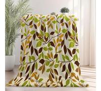 Brown-Green Printed Flannel Blanket - Simple Plants Willow Leaf Lines Theme Print Pattern Super Soft Throw Blanket Nap Blankets, Decorative Blankets for Sofa Bed, 100 x 130 cm