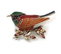 Brown/Green/Red Enamel, Crystal Robin/Bullfinch Bird Brooch In Aged Gold Tone - 55mm Across
