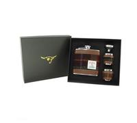 Brown Green Tartan Harris Tweed 6oz Stainless Steel Hip Flask and Cup Set