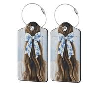 Brown Hair Girl Wearing Chinoiserie Bow Luggage Tag for Suitcase 2 Pack Leather Luggage Tag with Privacy Flap Name Id Label and Metal Loop for Women Men Travel