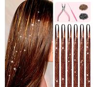 Brown Hair Tinsel Kit with Tools and Instruction Easy to Use 1200 Strands 48 Inches Glitter Tinsel Hair Extensions for Women and Girls, Sparkling Shinny Fairy Hair Accessories for Christmas New Year