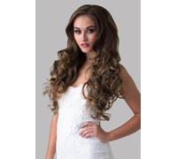 Brown half wig with blonde highlights with big loose curls: Nickie light chestnut brown & ash blonde #8H12/24