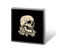 Brown Hand Drawing Sugar Skull with Rose on Black Square Badge Smooth Surface Lapel Tie Pin, Lightweight Badge for Women Men Office Worker Nurse Teacher Student Shirts Backpack