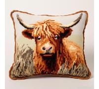 Brown Highland Cow Latch Hook Kits Pillow with Printed Canvas DIY Cushion Crochet Yarn Embroidery Hook and Latch Pillowcase for Christmas Decoration 43x43cm(1)
