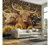 Brown Highland Cow Wallpaper Mural, Rustic Sunflower Leopard Print Wall Mural, Non-woven Print Photo Wallpaper for Bedroom Living Room Decor 300x210 cm V177