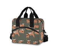 Brown Highland Cows Collection Scottish Breed on Dark Green Leakproof Crossbody Insulated Lunch Bag, Cooler Reusable Lunch Box Lunch Bag Tote with Adjustable Shoulder Strap for Travel Work