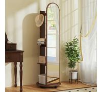 (Brown) HOMCOM 2-in-1 Full Length Mirror with Shelves, 4 Wheels