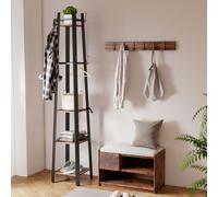 (Brown) HOMCOM Industrial Coat Stand with 4 Storage Shelves and 8 Hooks