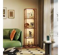 HOMCOM LED Floor Lamp with Glass Shelves, 4 Layers Dimmable Tall Standing Lamp, Modern Column Shelf Floor Light for Living Room, Bedroom, Office, Rustic Brown