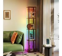 (Brown) HOMCOM RGB LED Floor Lamp with Shelves and Remote Control for Bedroom