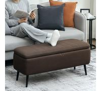 (Brown) HOMCOM Storage Ottoman Bench, Linen Fabric Footstool with Steel Legs