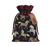 Brown Horse Christmas Drawstring Linen Gift Bag Paired With Scottish Plaid Fabric, With A Delicate And Simple Texture