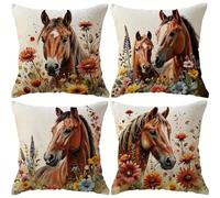 Brown Horse Flower Cushion Covers 55x55cm Set of 4 Decorative Throw Pillow Covers 22x22inch Soft Velvet Square Cushion Cases for Home Living Room Sofa Couch Bed Pillowcases