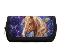 Brown Horse with Long Blonde Mane Cute Double Pencil Case Large Capacity Portable Pen Pouch with Zippered