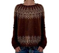 Brown Jumper Women Fair Isle Wool Jumpers for Women UK Ladies Jumpers Winter Crew Neck Classics Print Vintage Knitted Sweater Plus Size Soft Warm Tops Women Dresses Winter (A-Black, L)