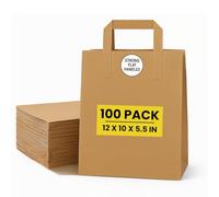 Brown Kraft Paper Bags with Handles - 100 Large Recyclable Biodegradable SOS Carrier Bag (12" x 10" x 5.5") | Eco-Friendly, Strong Takeaway, Grocery, Shopping, Lunch, Party & Gift Bags for Catering