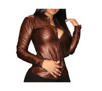 (Brown, L) 1Pc Stylish Women Top Turndown Collar Solid Color with Pockets Women Shirt Slim Faux Leather Cool V Neck Blouse for Daily Wear