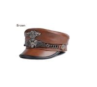 (Brown, L 55 56cm) Unisex German Military Cap Man For Leather Flat Top Hat Korean Fashion Eagle Mark Chain Punk Locomotive Casquette Male