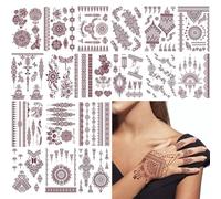 Brown Lace Tattoo Stickers 18 Sheets Water Transfer Fake Temporary Tattoos Kit for Women, Elegant Arm Body Art Stickers with Floral Patterns, Waterproof Mehndi Stencils for Hand & Neck
